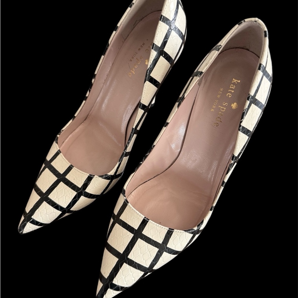 Kate Spade Larisa Pumps Heels Pointed-Toe Women's Cream/ Black Grid Snake print - Picture 4 of 8